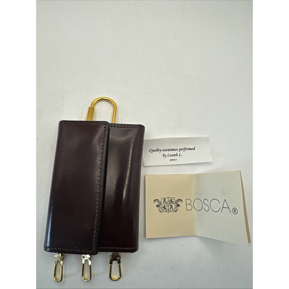 New BOSCA Leather Fold Over Wallet Card Case Key Ring Burgundy 8 Hooks